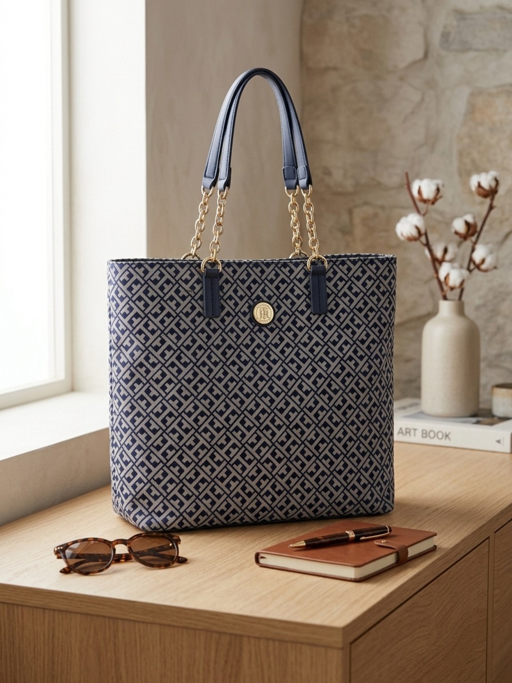 Blue Tommy Hilfiger Tote with gold tone chain linked strap